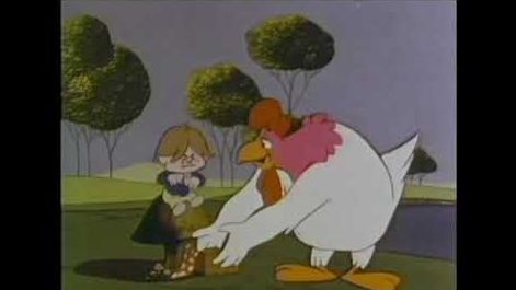 a cartoon still with a chicken, a person, and trees